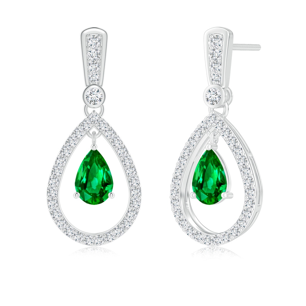 6x4mm Lab-Grown Floating Emerald and Diamond Halo Teardrop Earrings in White Gold