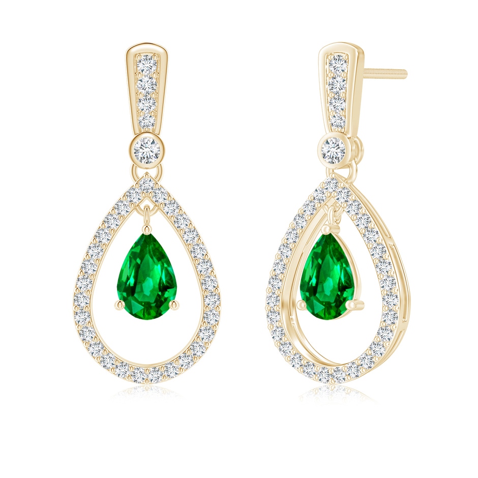 6x4mm AAAA Floating Emerald and Diamond Halo Teardrop Earrings in Yellow Gold 