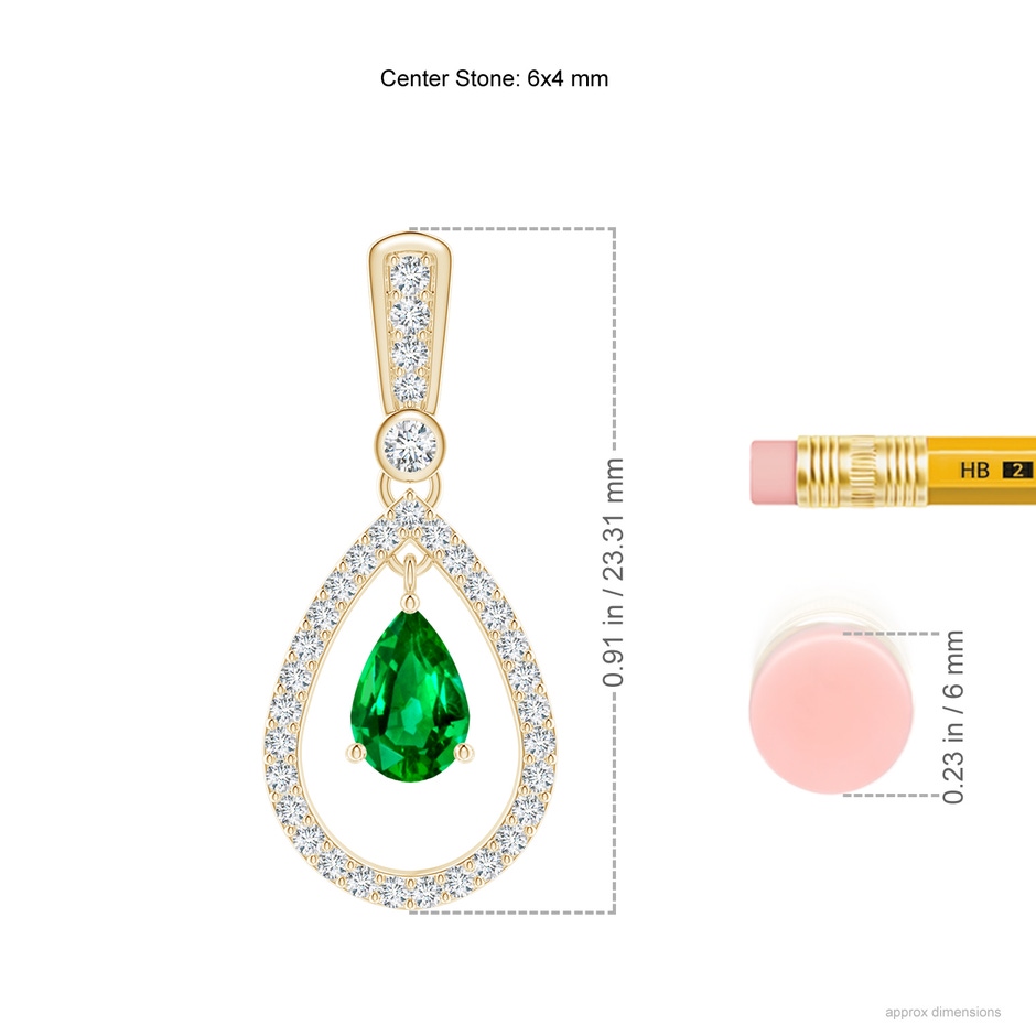 6x4mm AAAA Floating Emerald and Diamond Halo Teardrop Earrings in Yellow Gold ruler