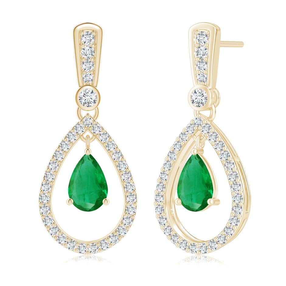 7x5mm AA Floating Emerald and Diamond Halo Teardrop Earrings in Yellow Gold 