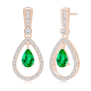 7x5mm AAA Floating Emerald and Diamond Halo Teardrop Earrings in Rose Gold