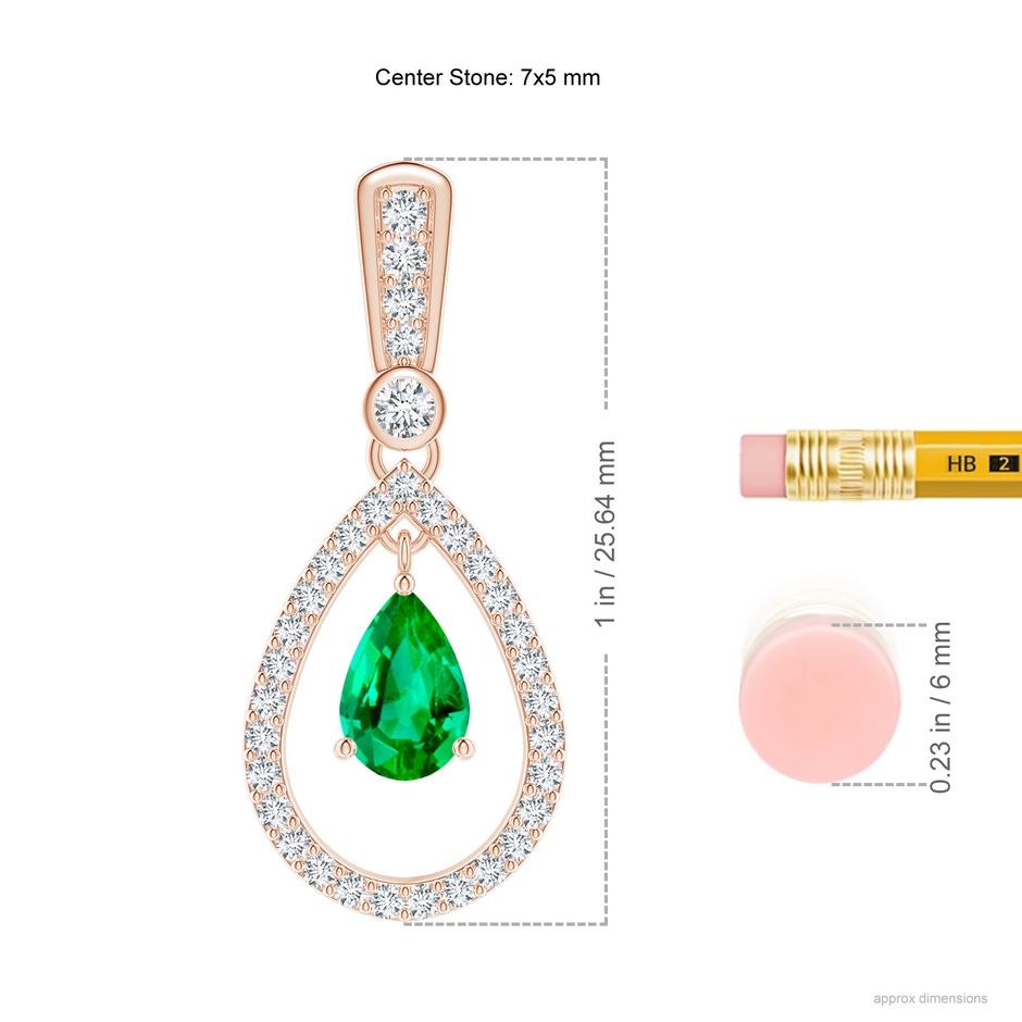 7x5mm AAA Floating Emerald and Diamond Halo Teardrop Earrings in Rose Gold ruler