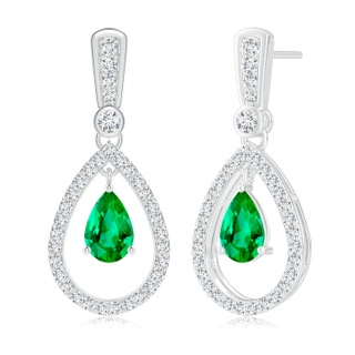 7x5mm AAA Floating Emerald and Diamond Halo Teardrop Earrings in White Gold