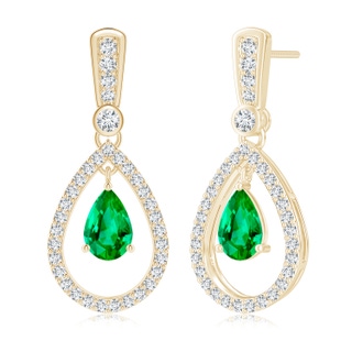 7x5mm AAA Floating Emerald and Diamond Halo Teardrop Earrings in Yellow Gold