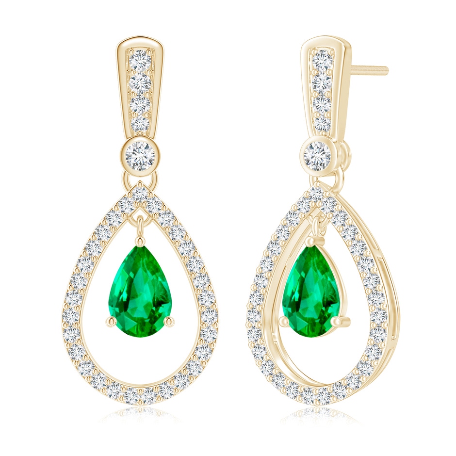 7x5mm AAA Floating Emerald and Diamond Halo Teardrop Earrings in Yellow Gold 