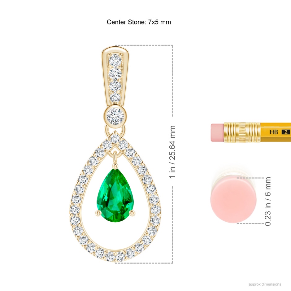 7x5mm AAA Floating Emerald and Diamond Halo Teardrop Earrings in Yellow Gold ruler