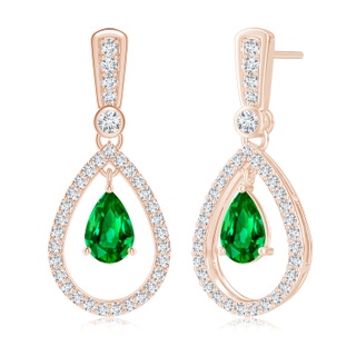 7x5mm AAAA Floating Emerald and Diamond Halo Teardrop Earrings in Rose Gold