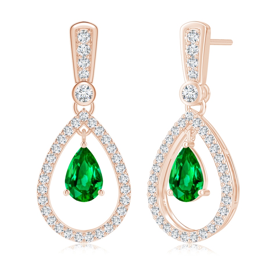 7x5mm AAAA Floating Emerald and Diamond Halo Teardrop Earrings in Rose Gold 