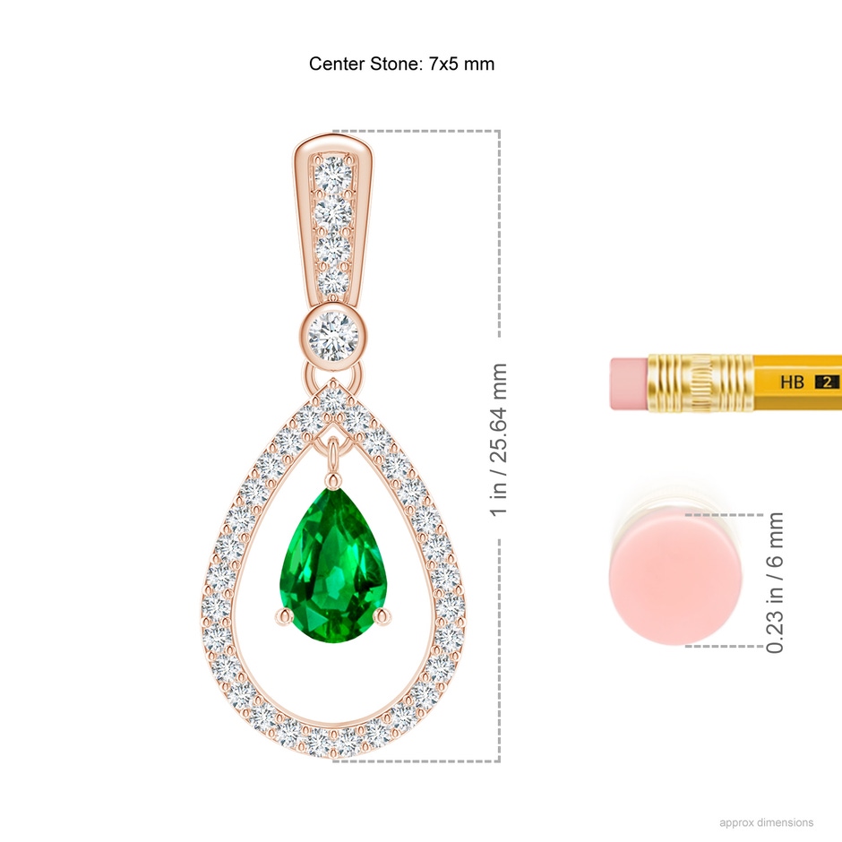 7x5mm AAAA Floating Emerald and Diamond Halo Teardrop Earrings in Rose Gold ruler