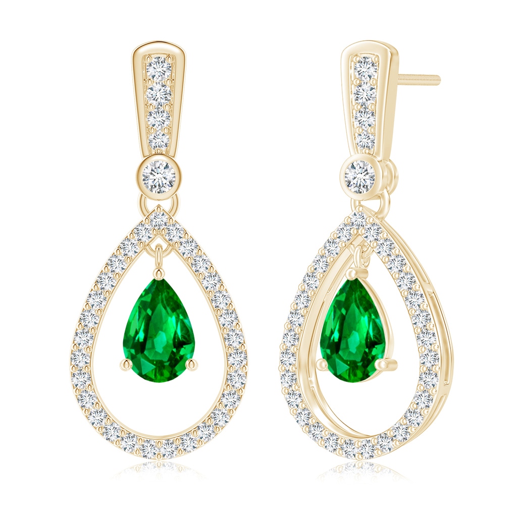7x5mm AAAA Floating Emerald and Diamond Halo Teardrop Earrings in Yellow Gold