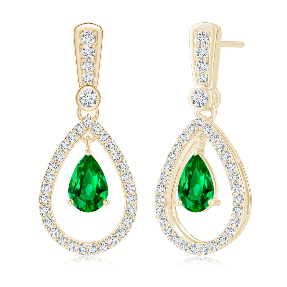 7x5mm AAAA Floating Emerald and Diamond Halo Teardrop Earrings in Yellow Gold 