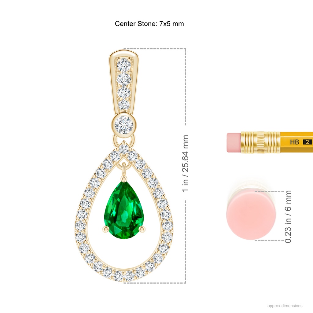 7x5mm AAAA Floating Emerald and Diamond Halo Teardrop Earrings in Yellow Gold Ruler