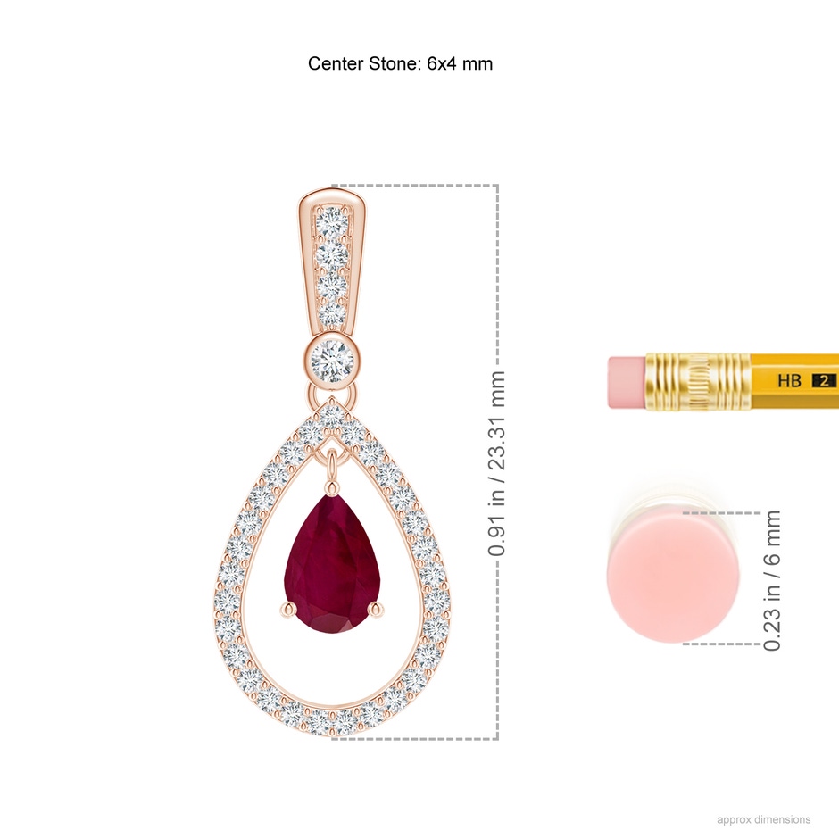 6x4mm A Floating Ruby and Diamond Halo Teardrop Earrings in Rose Gold ruler