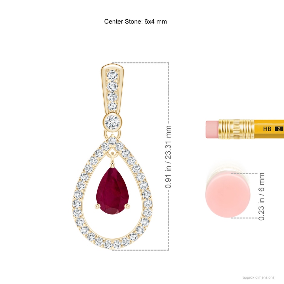 6x4mm A Floating Ruby and Diamond Halo Teardrop Earrings in Yellow Gold ruler