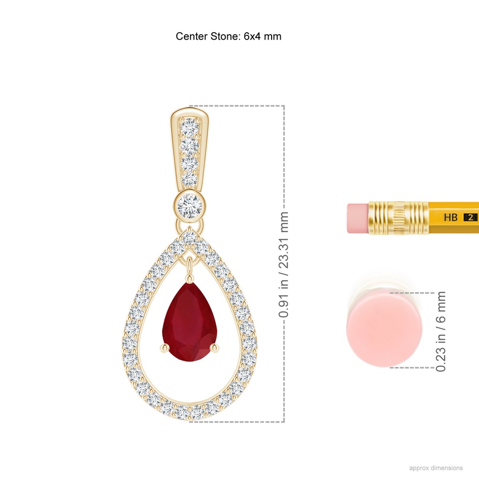 6x4mm AA Floating Ruby and Diamond Halo Teardrop Earrings in Yellow Gold ruler