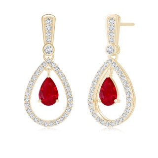 6x4mm AAA Floating Ruby and Diamond Halo Teardrop Earrings in Yellow Gold