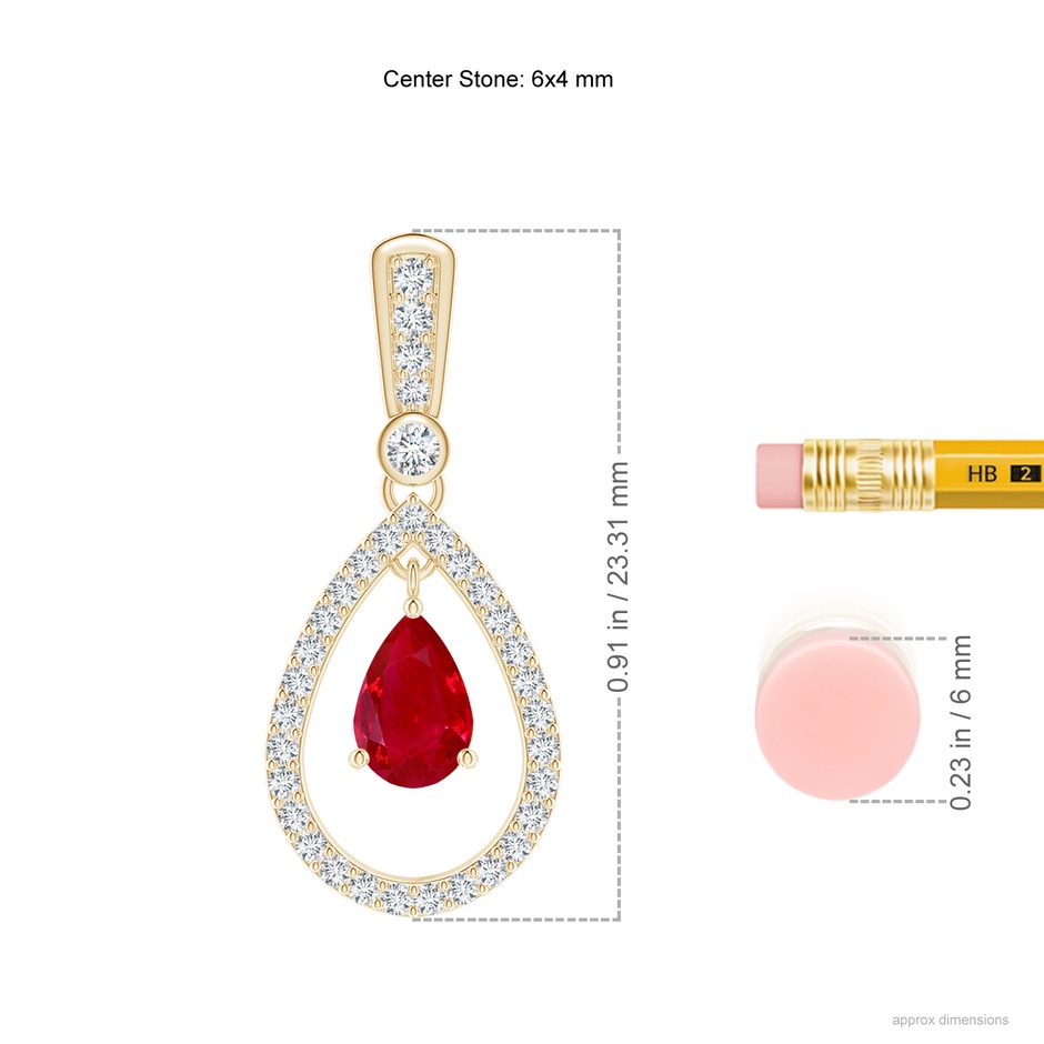 6x4mm AAA Floating Ruby and Diamond Halo Teardrop Earrings in Yellow Gold ruler