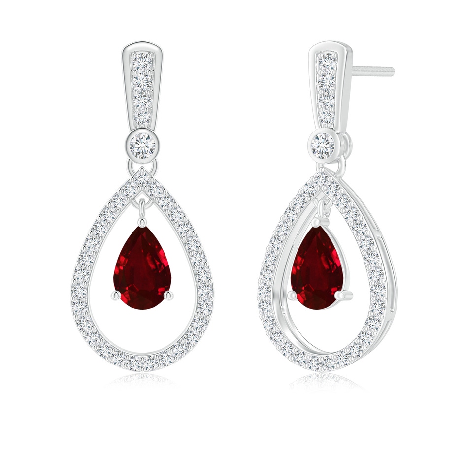 6x4mm AAAA Floating Ruby and Diamond Halo Teardrop Earrings in White Gold 