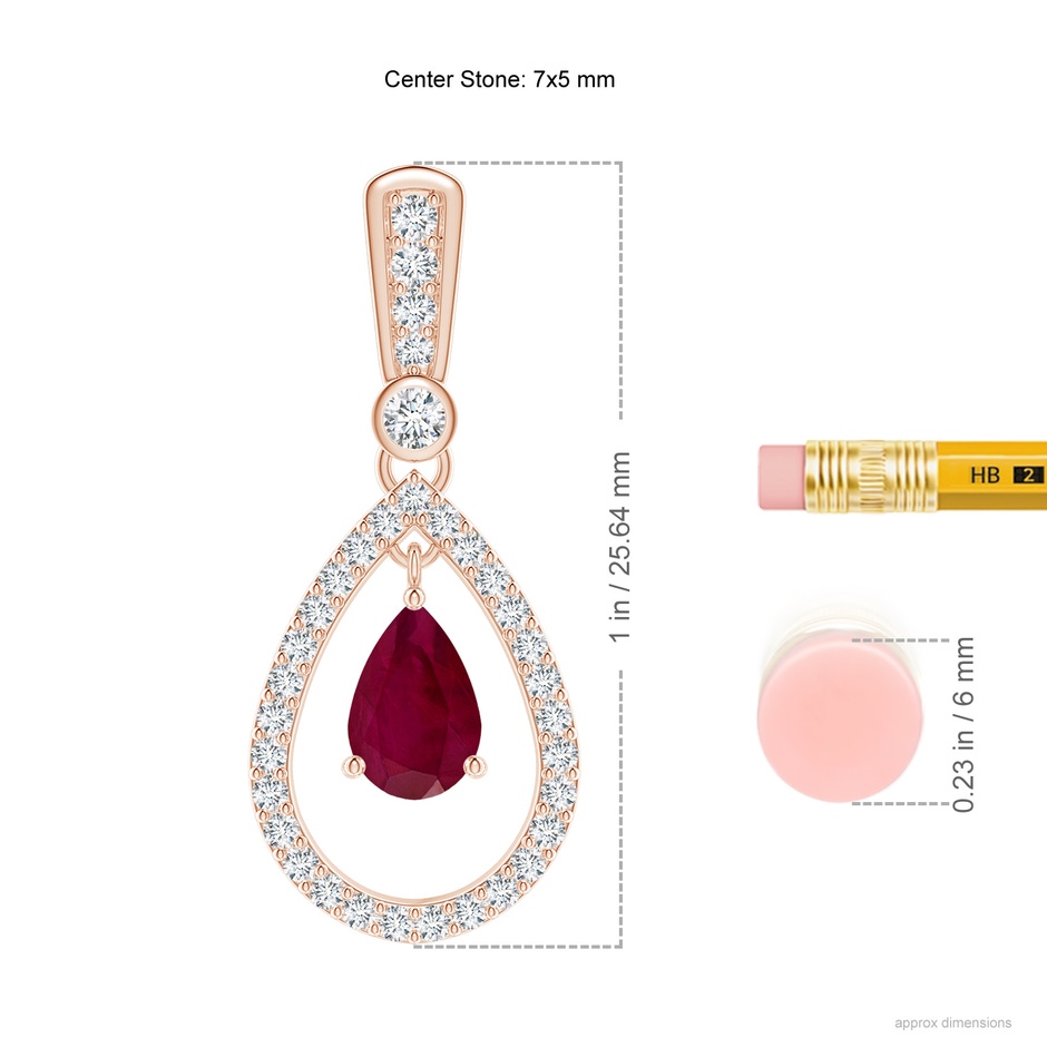 7x5mm A Floating Ruby and Diamond Halo Teardrop Earrings in Rose Gold ruler