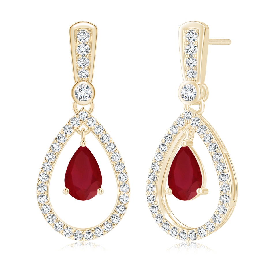 7x5mm AA Floating Ruby and Diamond Halo Teardrop Earrings in Yellow Gold 