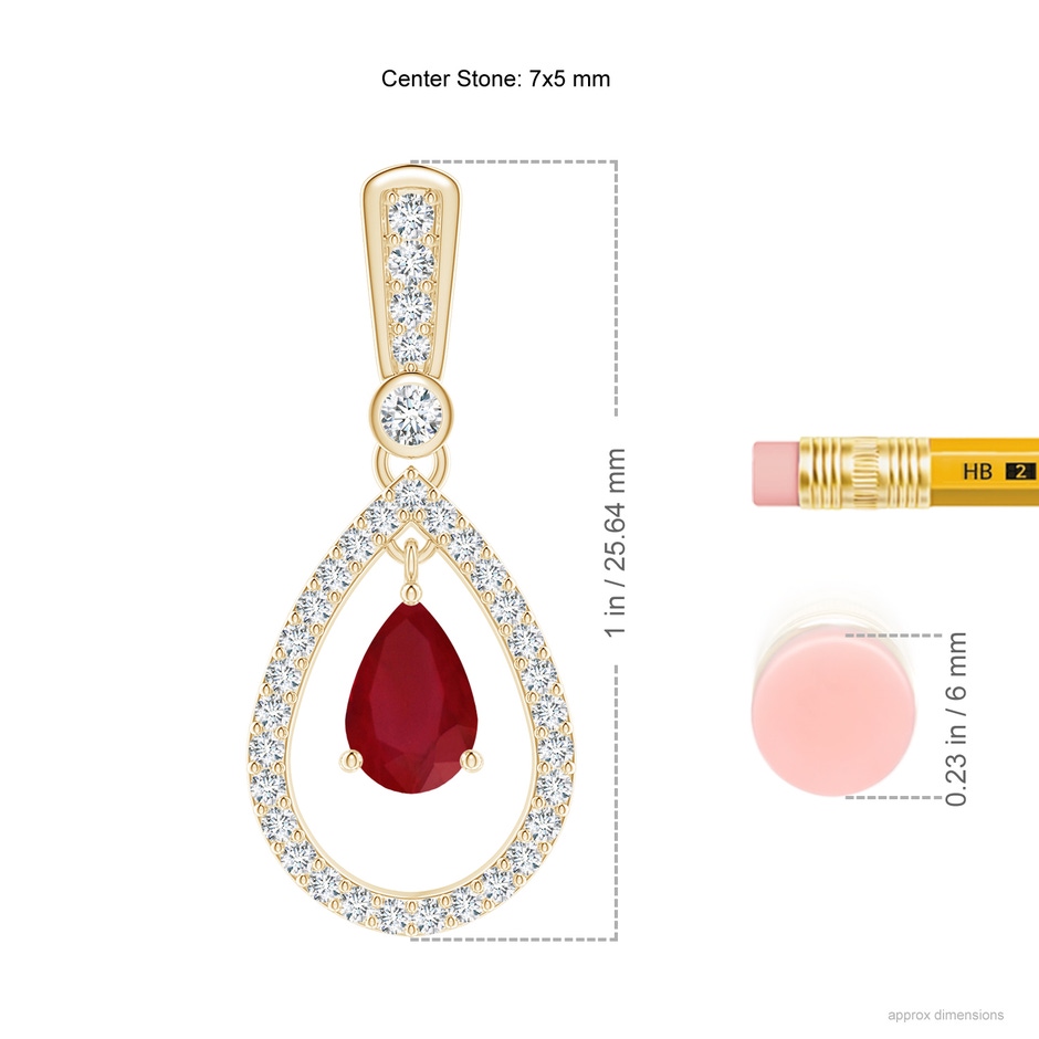 7x5mm AA Floating Ruby and Diamond Halo Teardrop Earrings in Yellow Gold ruler