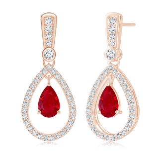 7x5mm AAA Floating Ruby and Diamond Halo Teardrop Earrings in Rose Gold