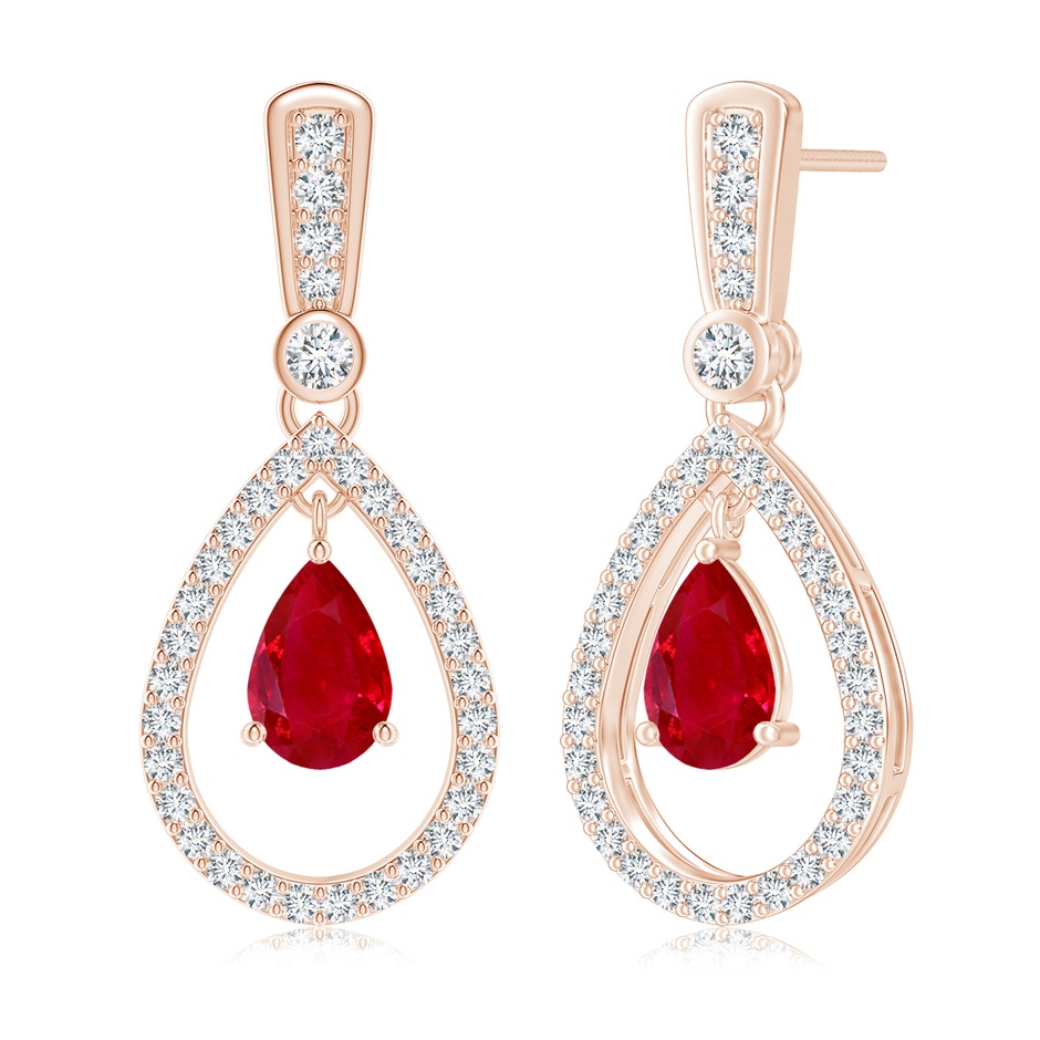 7x5mm AAA Floating Ruby and Diamond Halo Teardrop Earrings in Rose Gold 
