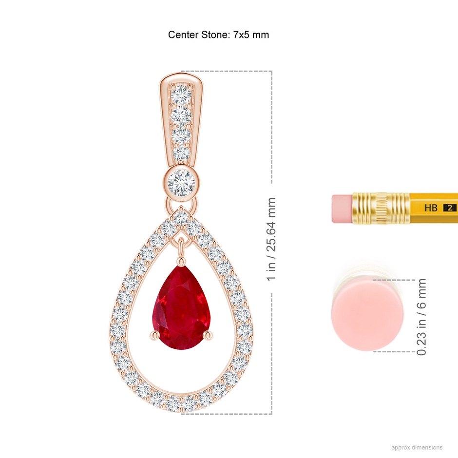 7x5mm AAA Floating Ruby and Diamond Halo Teardrop Earrings in Rose Gold ruler