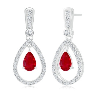 7x5mm AAA Floating Ruby and Diamond Halo Teardrop Earrings in White Gold