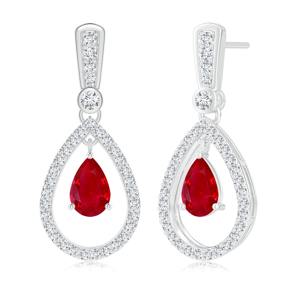 7x5mm AAA Floating Ruby and Diamond Halo Teardrop Earrings in White Gold 