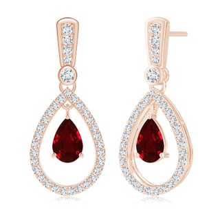 7x5mm AAAA Floating Ruby and Diamond Halo Teardrop Earrings in Rose Gold