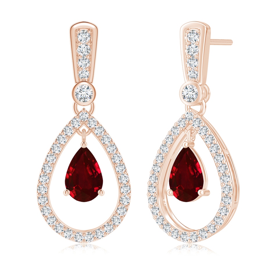 7x5mm AAAA Floating Ruby and Diamond Halo Teardrop Earrings in Rose Gold 