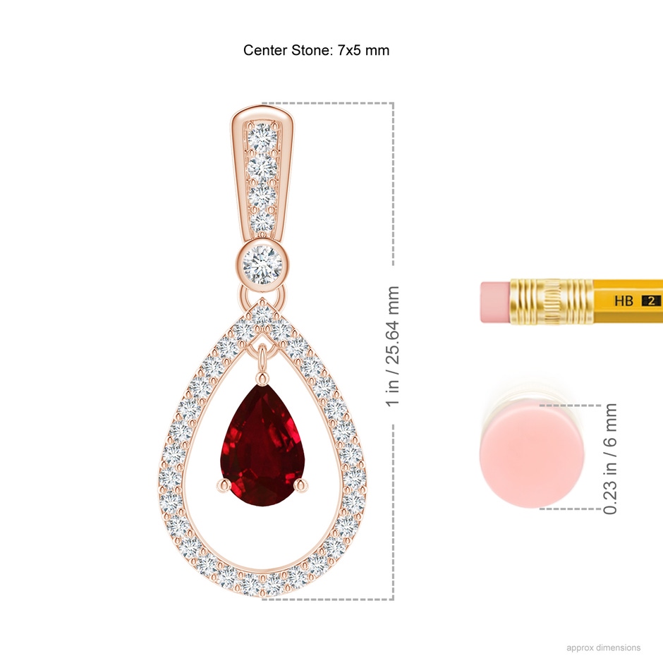 7x5mm AAAA Floating Ruby and Diamond Halo Teardrop Earrings in Rose Gold ruler