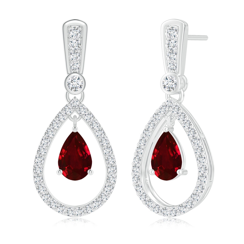 7x5mm AAAA Floating Ruby and Diamond Halo Teardrop Earrings in White Gold 