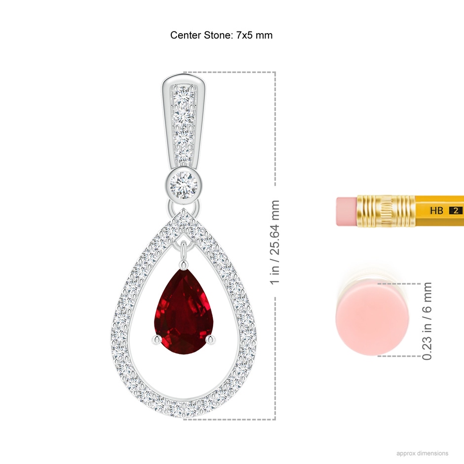 7x5mm AAAA Floating Ruby and Diamond Halo Teardrop Earrings in White Gold ruler