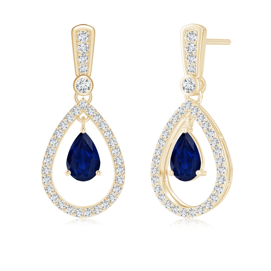 6x4mm AA Floating Sapphire and Diamond Halo Teardrop Earrings in Yellow Gold 