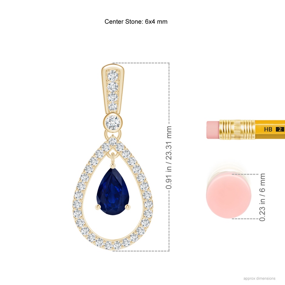 6x4mm AA Floating Sapphire and Diamond Halo Teardrop Earrings in Yellow Gold ruler