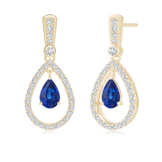 6x4mm AAA Floating Sapphire and Diamond Halo Teardrop Earrings in Yellow Gold