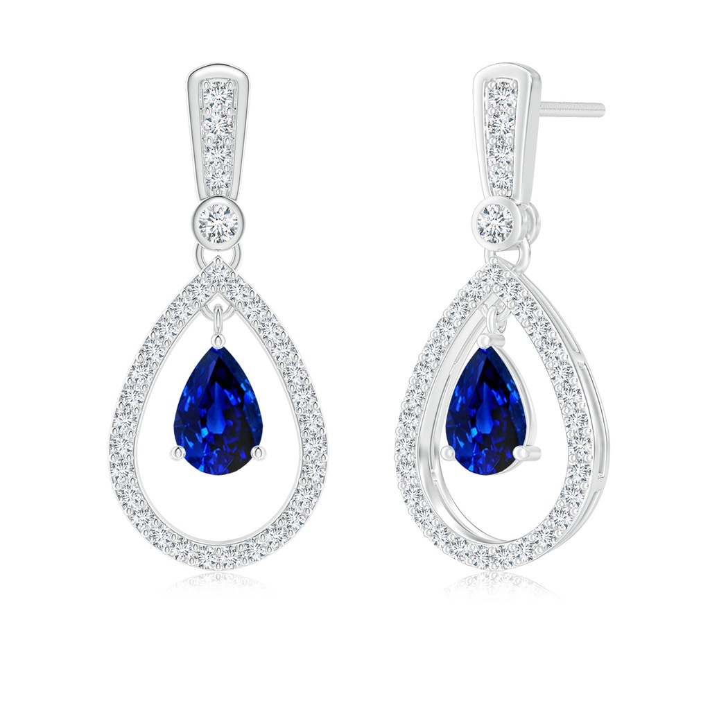 6x4mm AAAA Floating Sapphire and Diamond Halo Teardrop Earrings in White Gold
