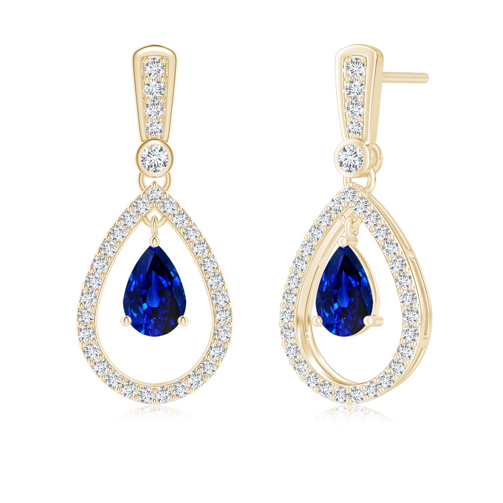 6x4mm AAAA Floating Sapphire and Diamond Halo Teardrop Earrings in Yellow Gold