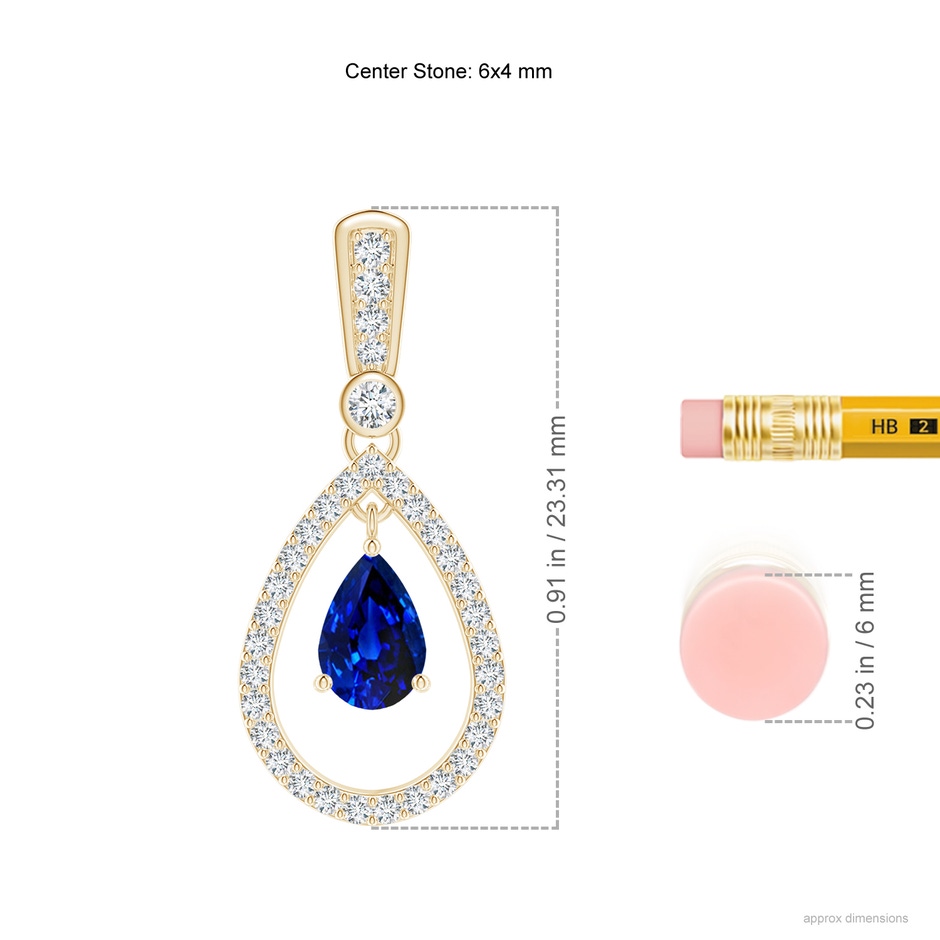 6x4mm AAAA Floating Sapphire and Diamond Halo Teardrop Earrings in Yellow Gold ruler