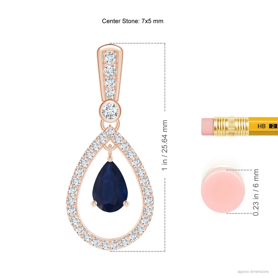 7x5mm A Floating Sapphire and Diamond Halo Teardrop Earrings in Rose Gold ruler
