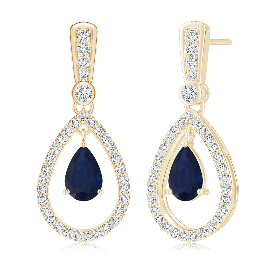 7x5mm A Floating Sapphire and Diamond Halo Teardrop Earrings in Yellow Gold 