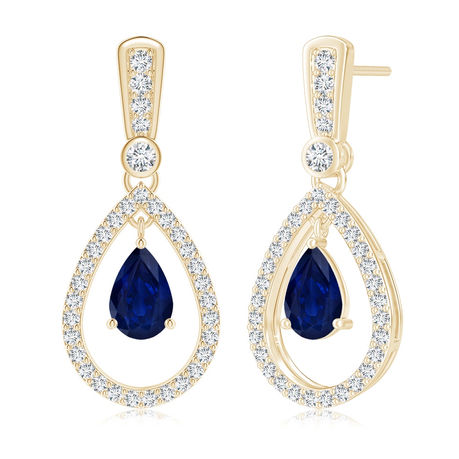 7x5mm AA Floating Sapphire and Diamond Halo Teardrop Earrings in Yellow Gold 