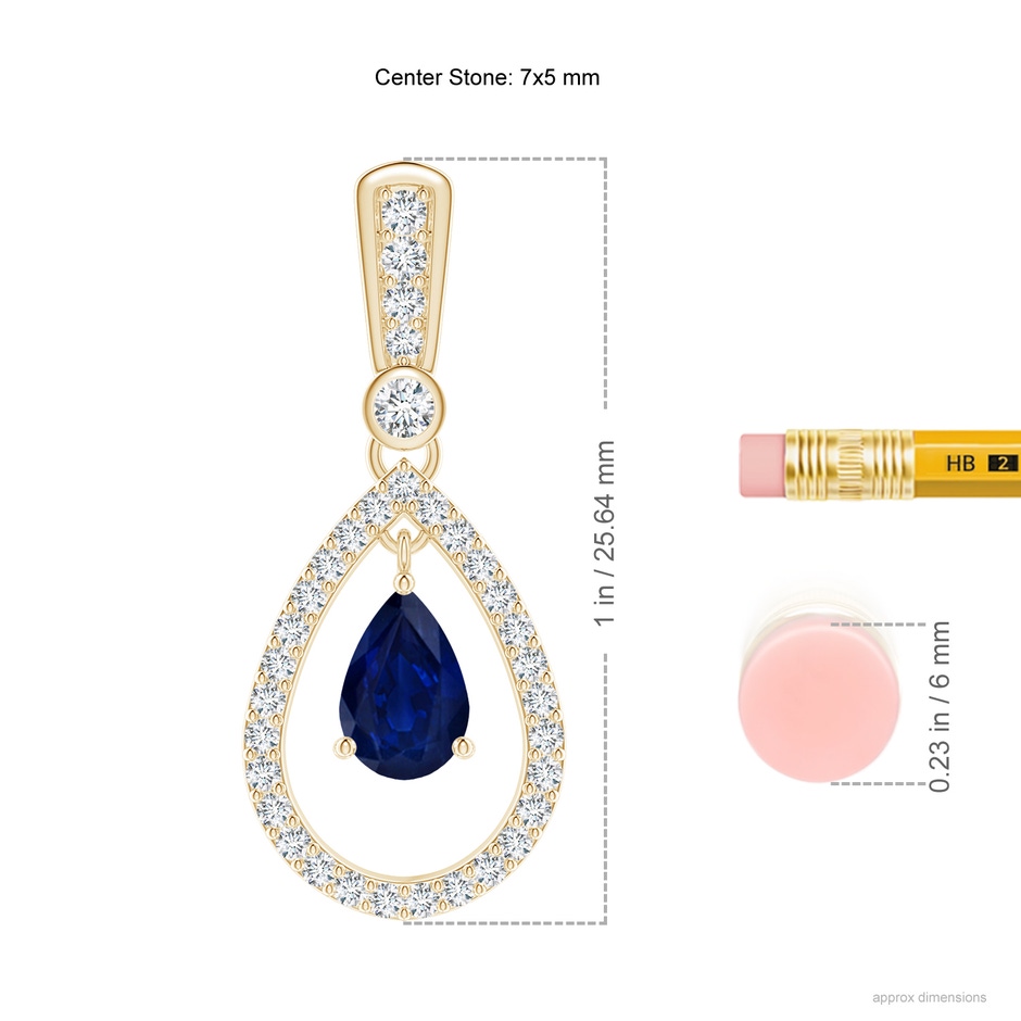 7x5mm AA Floating Sapphire and Diamond Halo Teardrop Earrings in Yellow Gold ruler
