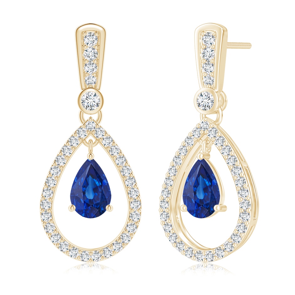 7x5mm AAA Floating Sapphire and Diamond Halo Teardrop Earrings in Yellow Gold 