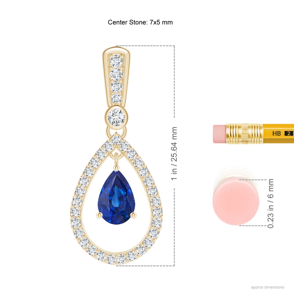 7x5mm AAA Floating Sapphire and Diamond Halo Teardrop Earrings in Yellow Gold ruler