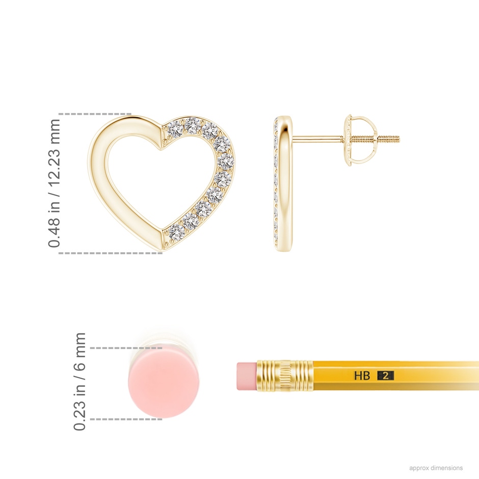 1.45mm IJI1I2 Partially Studded Diamond Heart Stud Earrings in Yellow Gold ruler