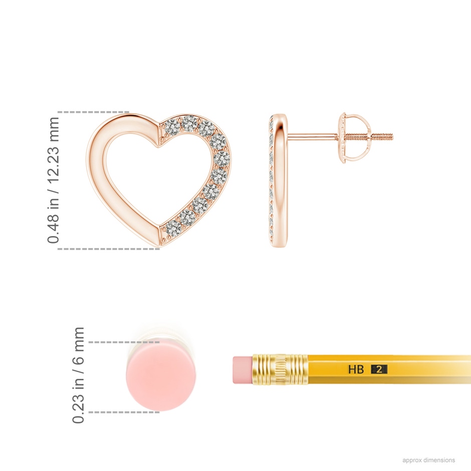 1.45mm KI3 Partially Studded Diamond Heart Stud Earrings in Rose Gold ruler