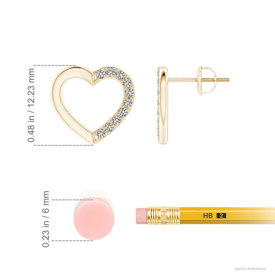 1.45mm KI3 Partially Studded Diamond Heart Stud Earrings in Yellow Gold ruler